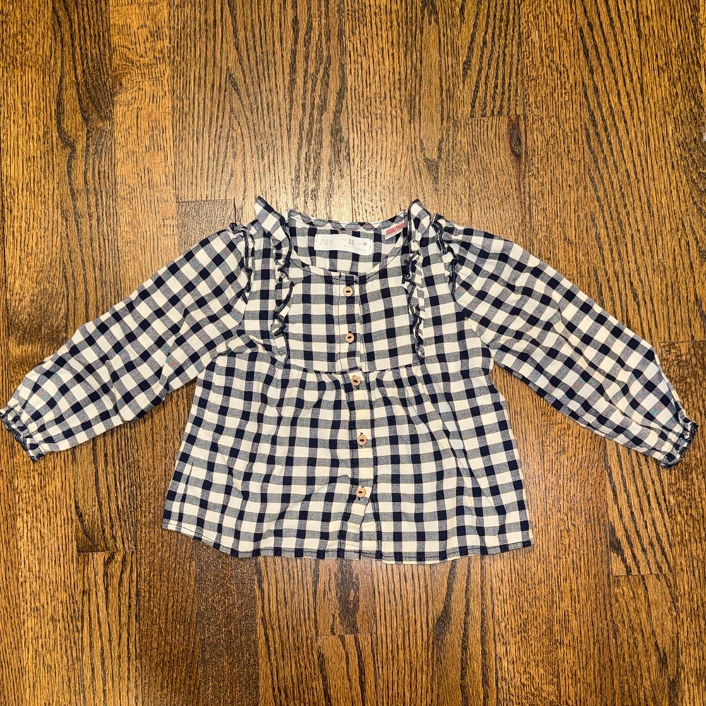 Zara Navy and White Gingham Button Blouse 2-3 Years